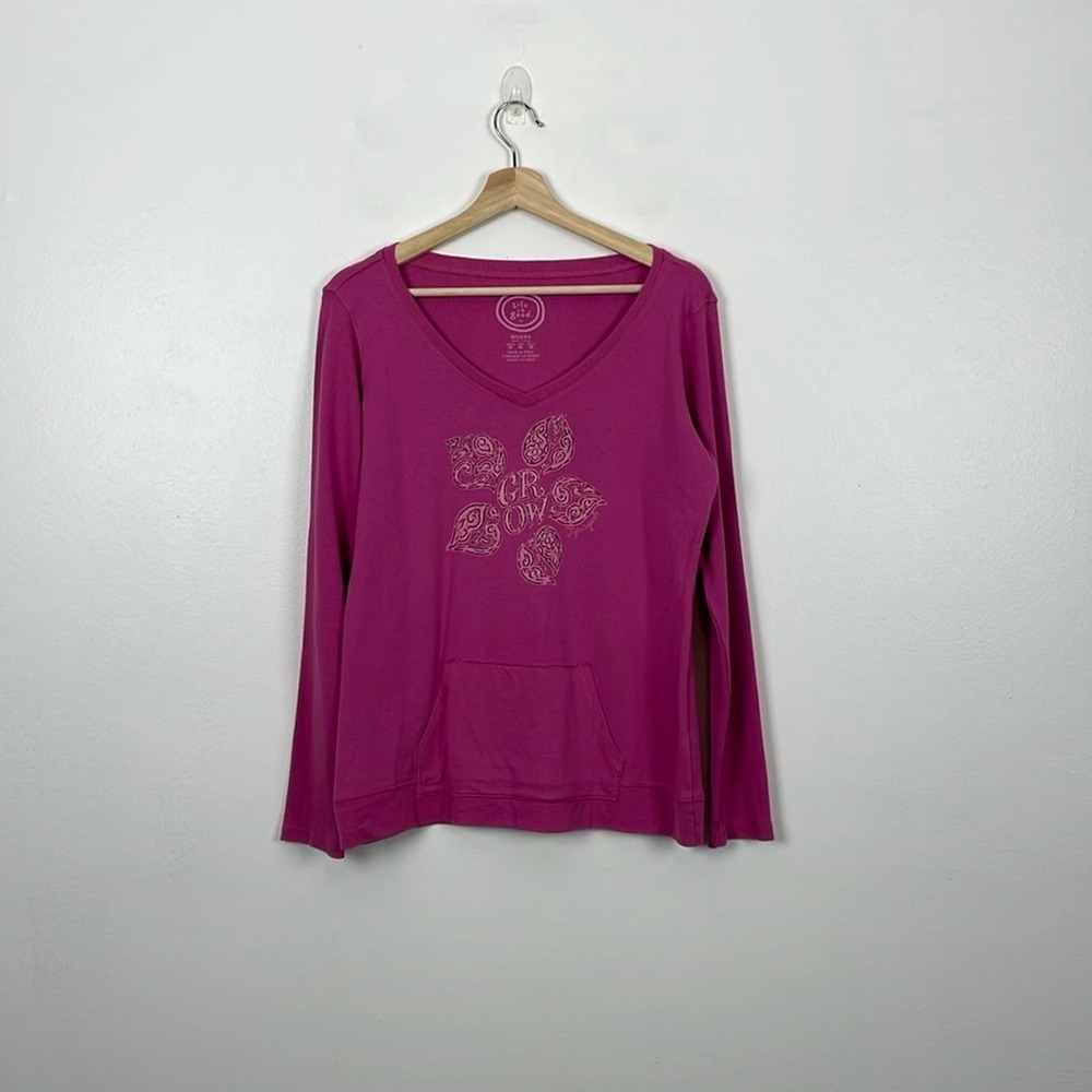 Life Is Good Long Sleeve V Neck Womens M Pullover Hot Pink Kangaroo Pocket Top